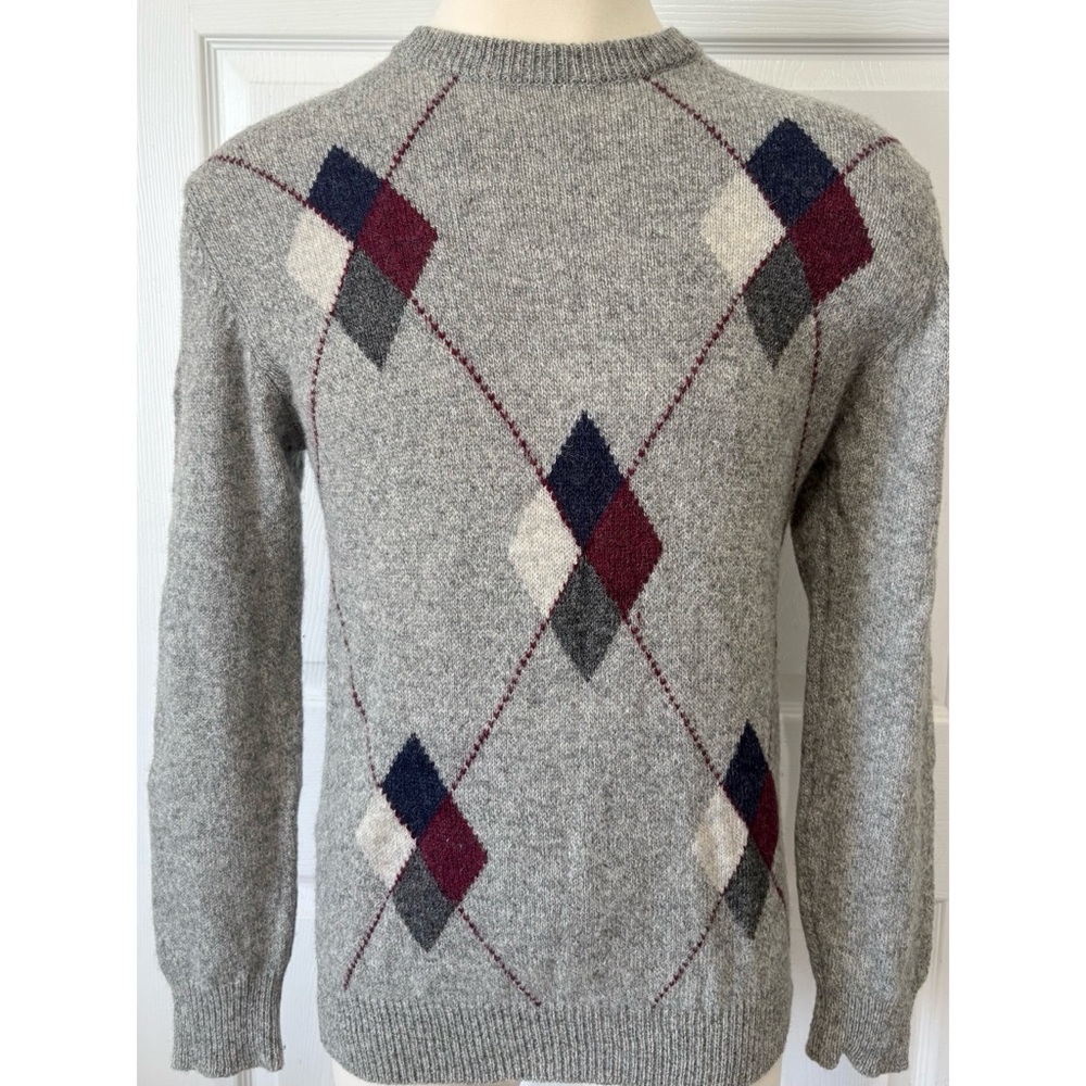 Vintage Mirell 100% Shetland Wool Gray Argyle Grandpa Sweater Size L